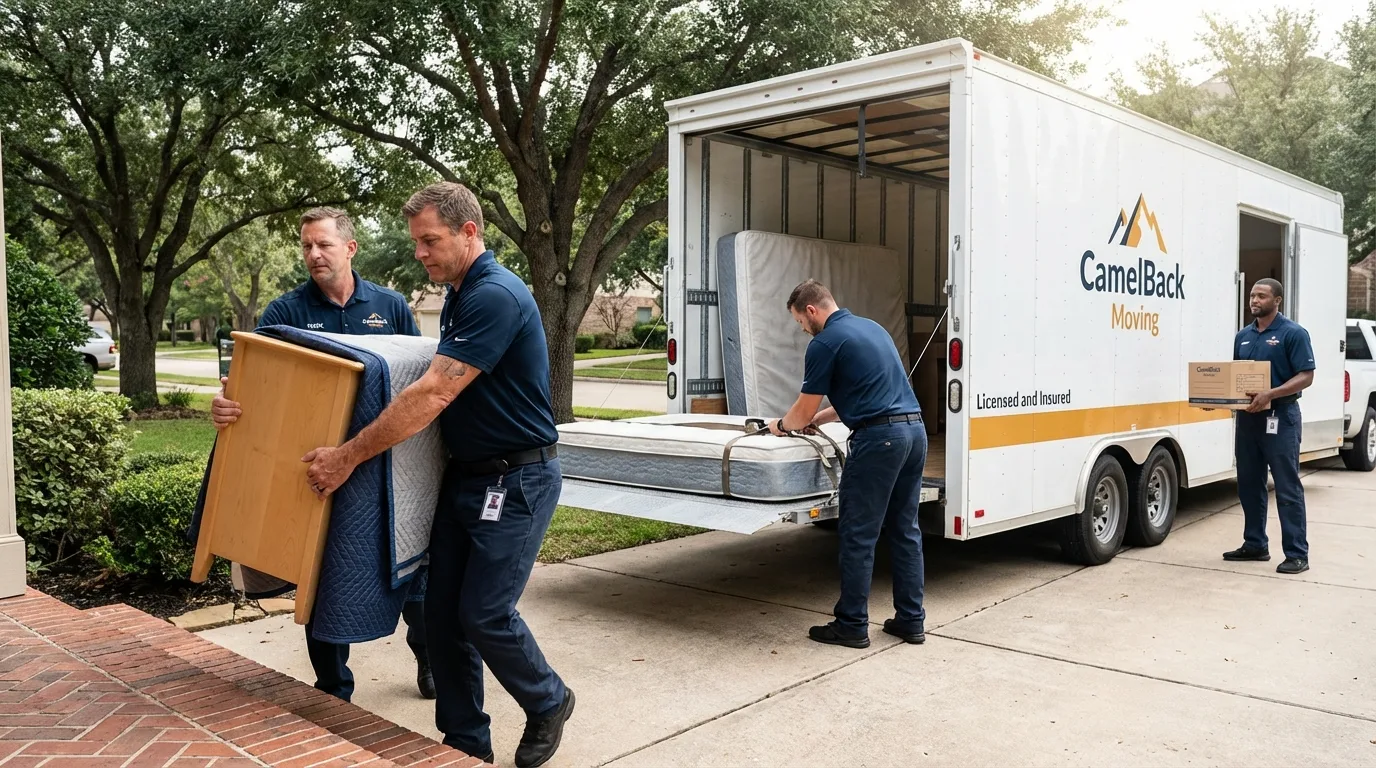 Crew loading residential truck for cross-state move from Melissa, TX