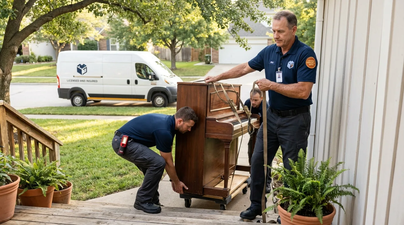 Licensed piano movers securing grand piano in Melissa, TX